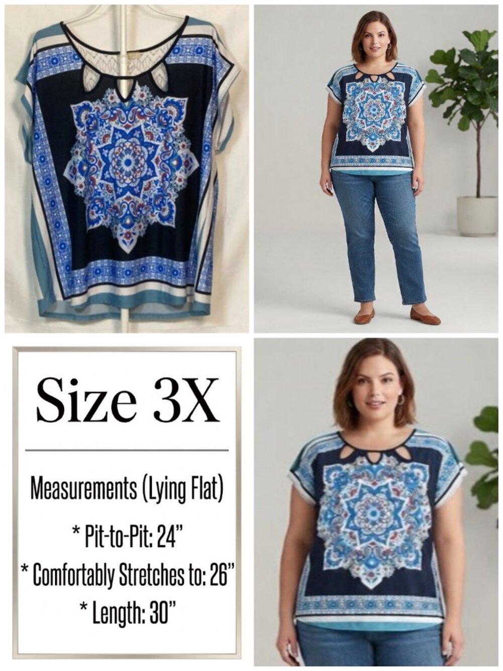 Front of Closet Plus Size 3X 2X Blue Mandala Print Cutout Keyhole Top Lace Back
